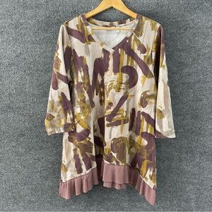 LOGO Lounge Womens Abstract Top Size Large Chiffon Hem Pockets V Neck Artsy